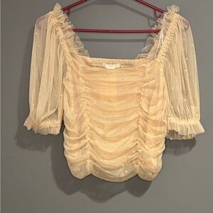 H&M Beige Ruched Blouse with Sheer Polka Dot Sleeves